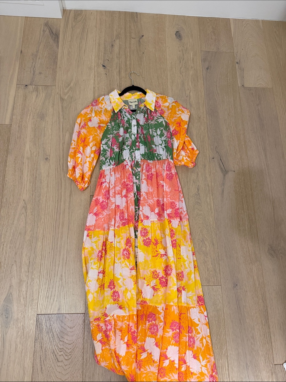 Women's Size L Floral Tiered Button-Front Maxi Dress in Yellow, Pink & Green